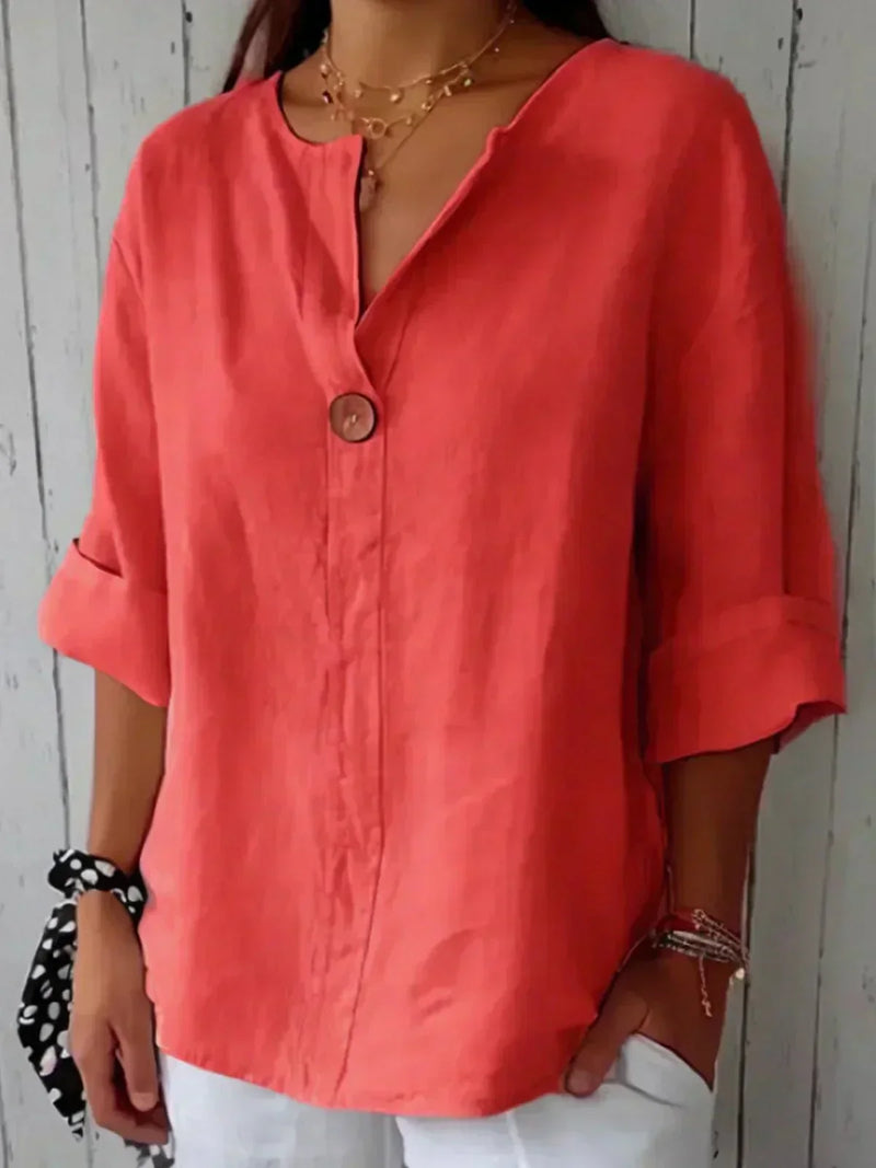 Zamma | Big Button V-Neck Linen Top