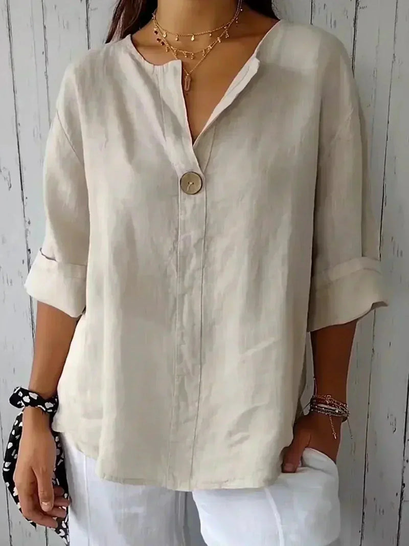 Zamma | Big Button V-Neck Linen Top