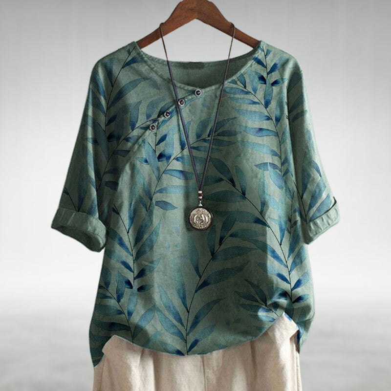 Talia | Leaf Print Button-Detail Top