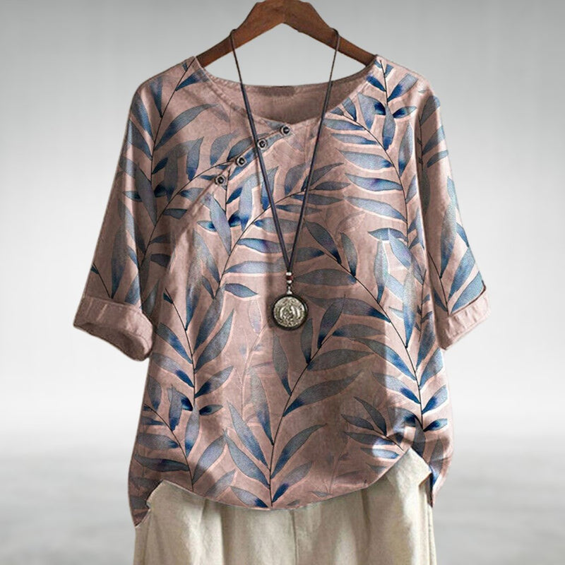 Talia | Leaf Print Button-Detail Top