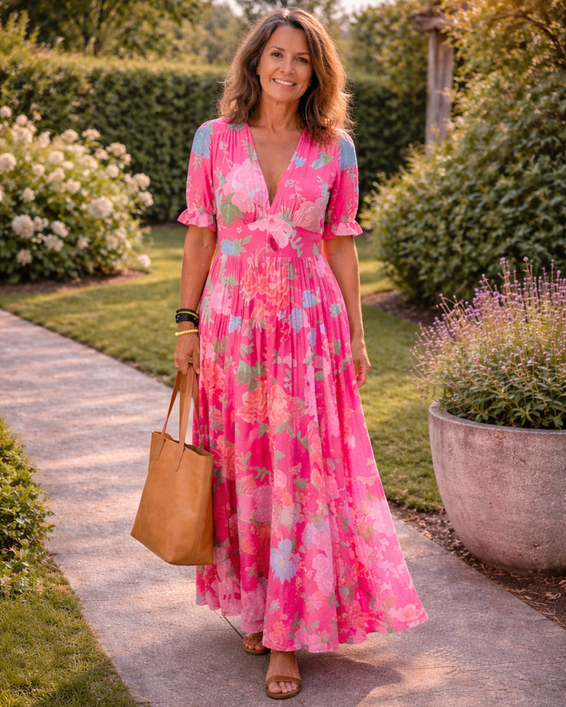 Ione | V-Neck Floral Puff Sleeve Maxi Dress