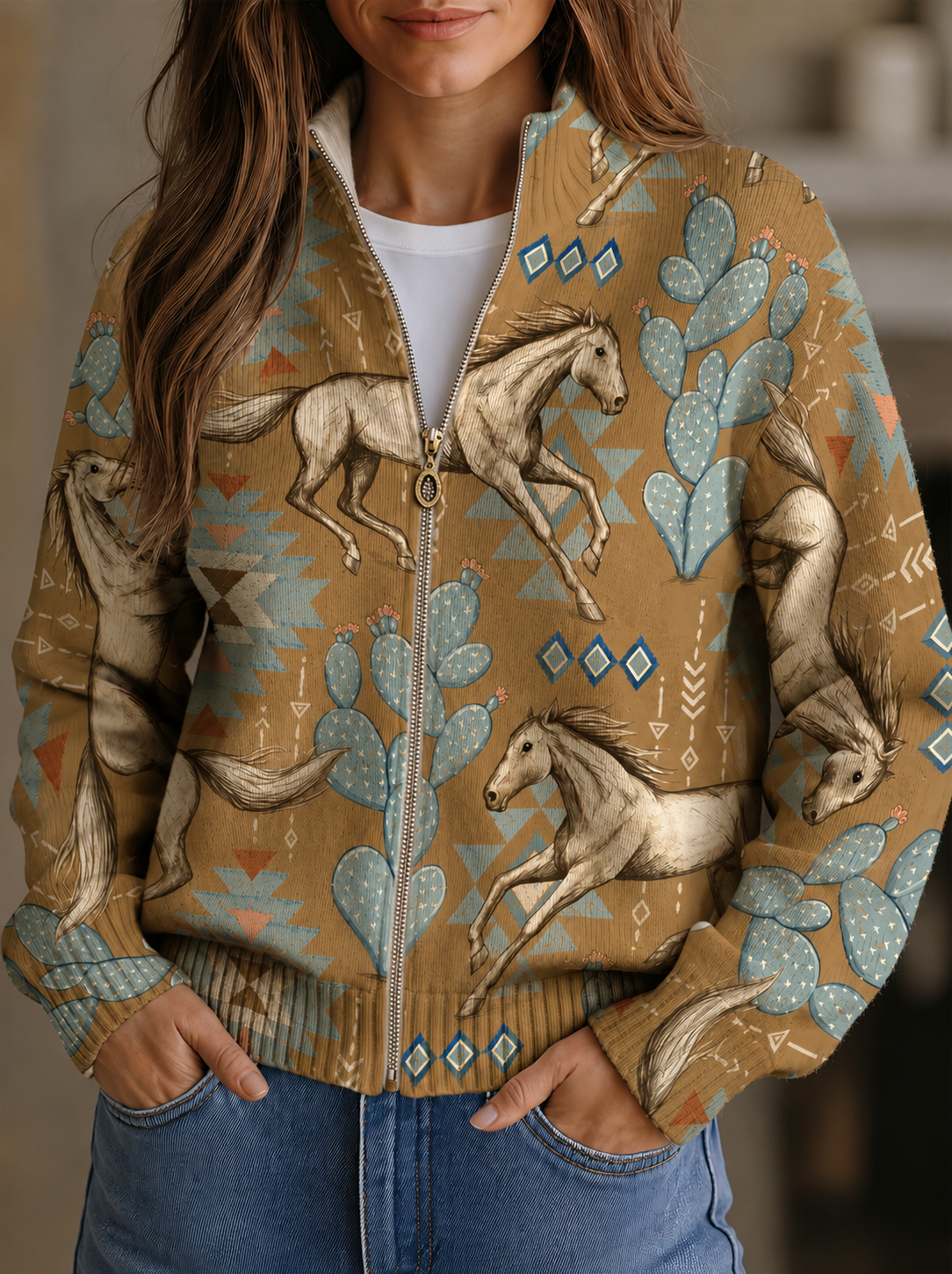 Perpetua™ | Desert Horse & Cactus Zip Cardigan