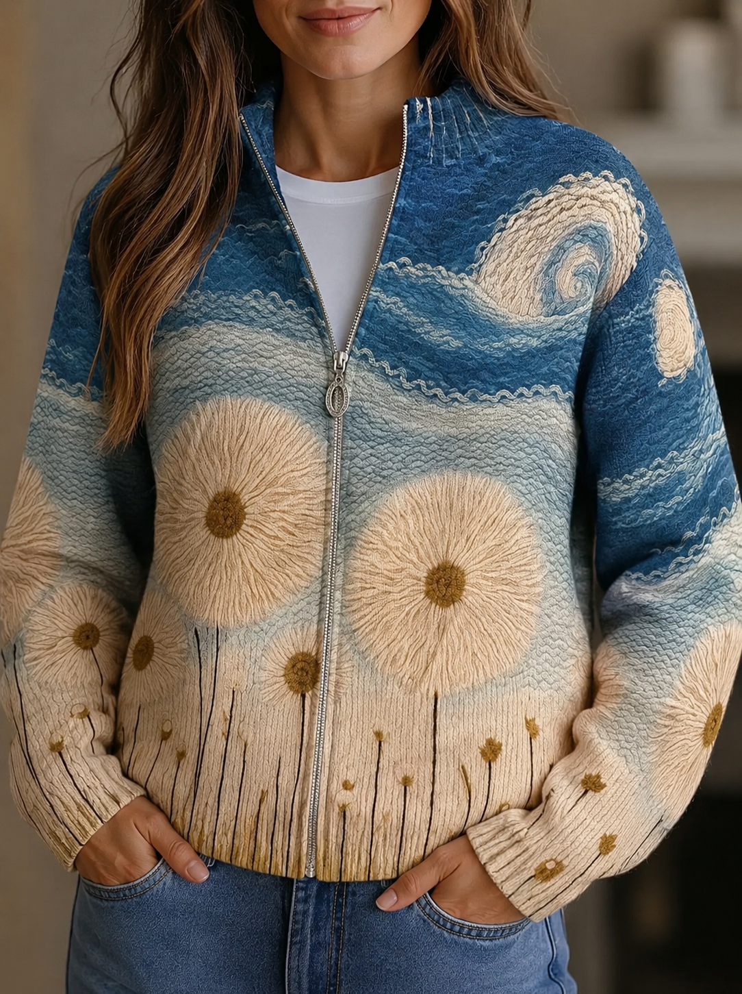Yolanda™ | Quilted Zip Cardigan in Dandelion Meadow