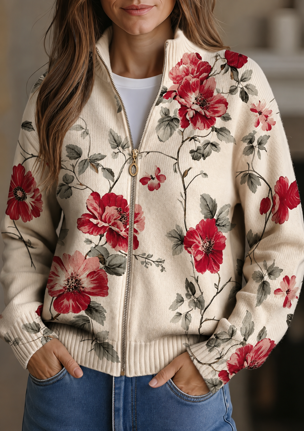Wilhelmine™ | Retro Floral Print Zip-Up Cardigan