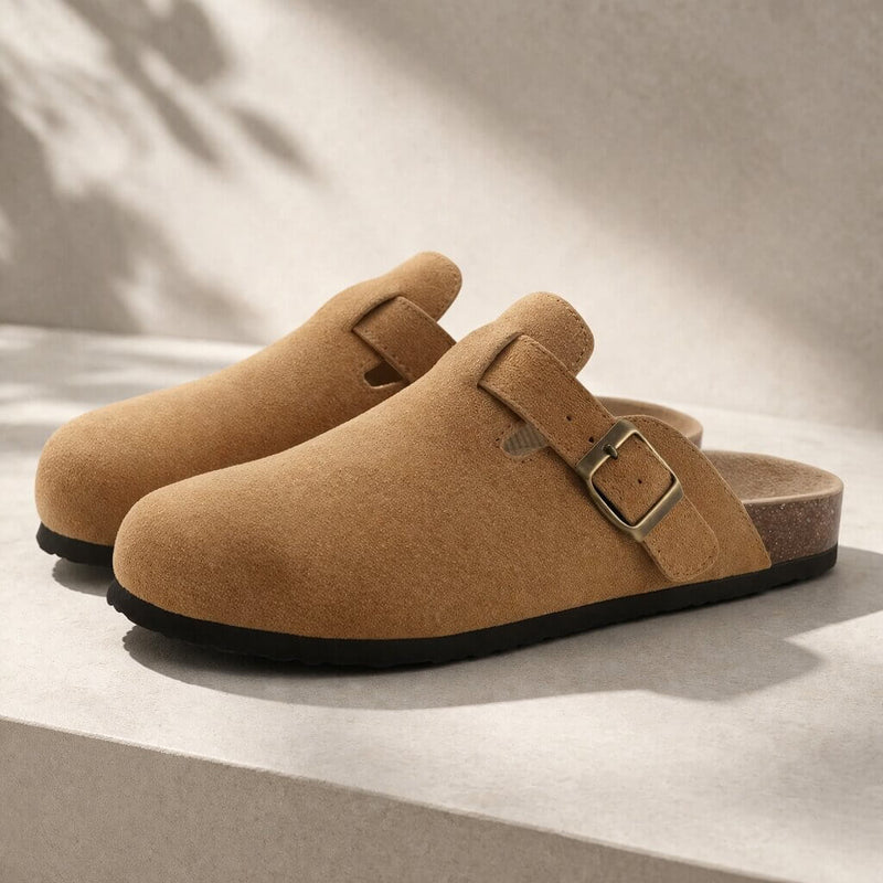 Suede Buckle Clogs | Adjustable Strap & Comfort Footbed