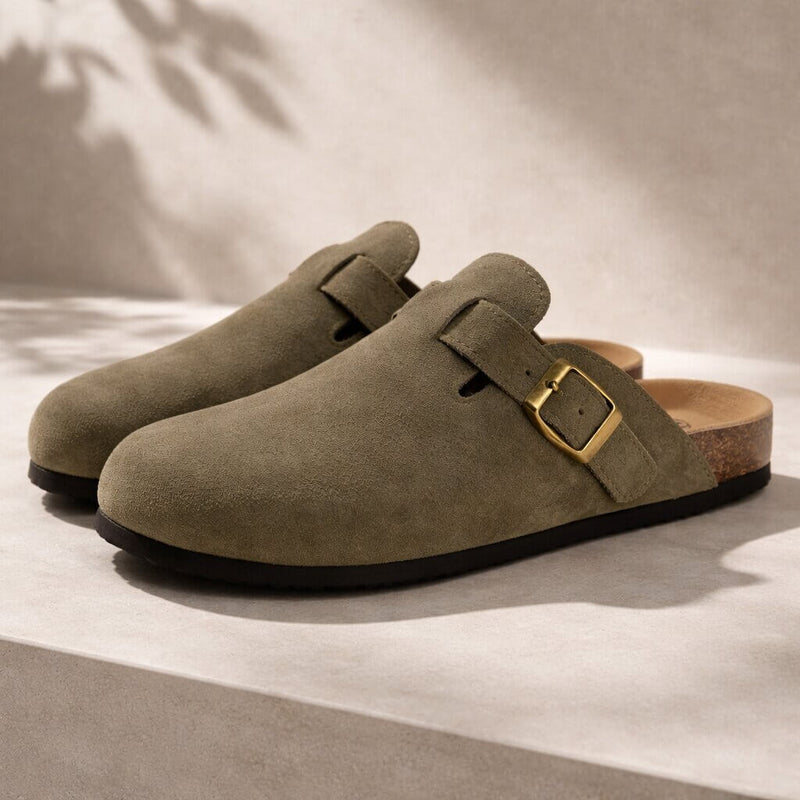 Suede Buckle Clogs | Adjustable Strap & Comfort Footbed