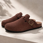 Suede Buckle Clogs | Adjustable Strap & Comfort Footbed