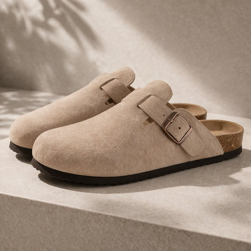 Suede Buckle Clogs | Adjustable Strap & Comfort Footbed