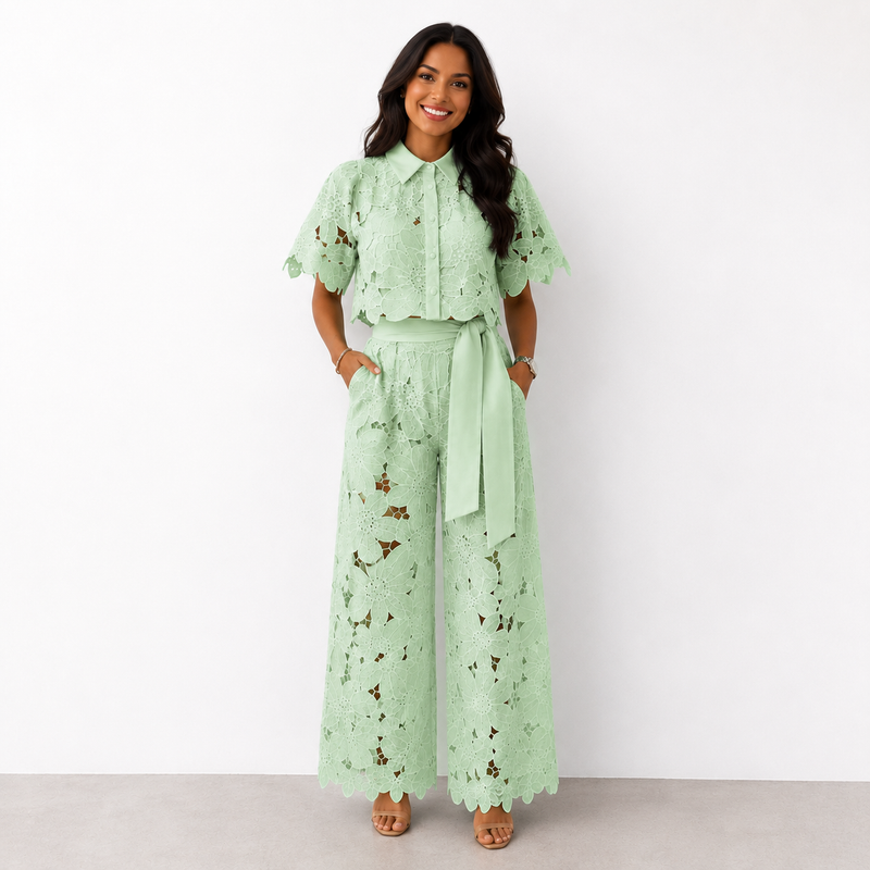 Isabella | Lace Crop Shirt & Tie-Waist Trousers Set