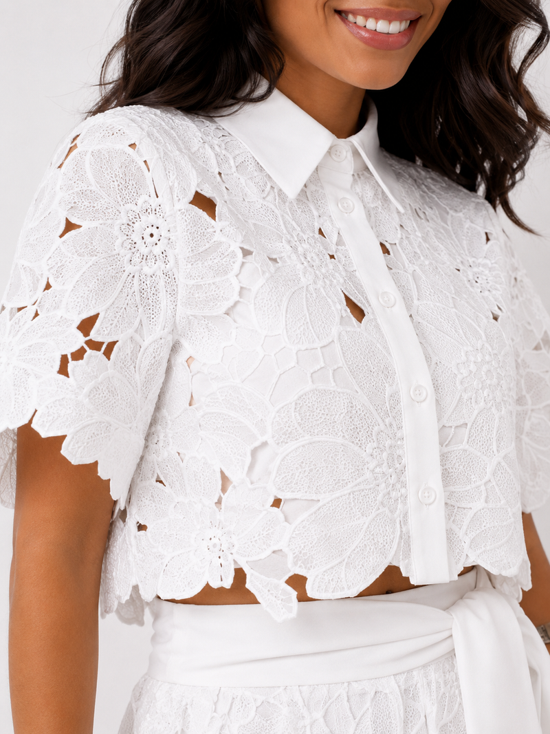 Isabella | Lace Crop Shirt & Tie-Waist Trousers Set