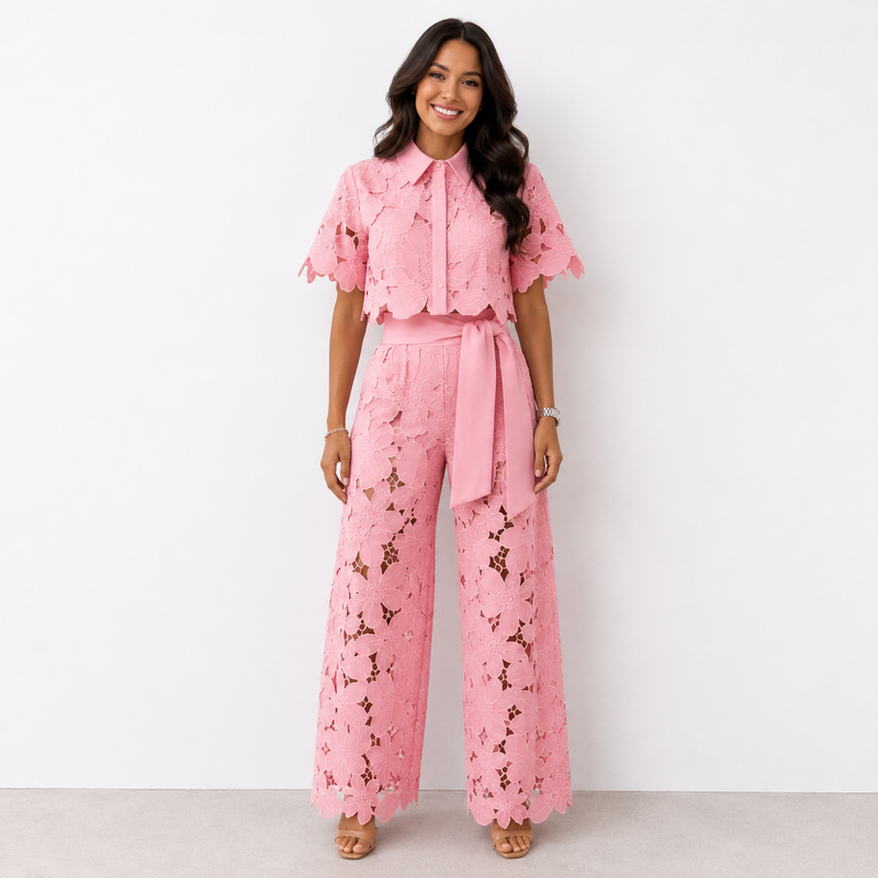 Isabella | Lace Crop Shirt & Tie-Waist Trousers Set