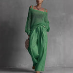 Claribel | Crochet Knit Top & Wide-Leg Trousers Set