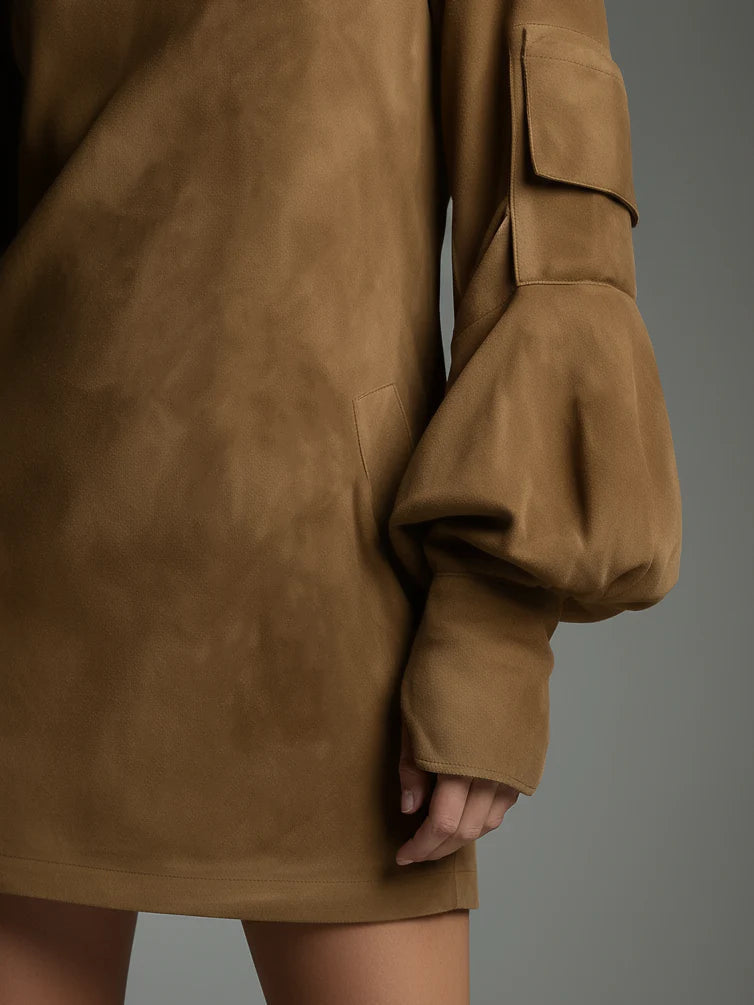 Bibiane | Oversized Mini Jurk in Suède met Hoge Hals