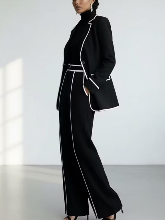 Zwarte Blazer met Contrasterende Piping & Brede Pijpen Broek Twee‑delige Pak Set