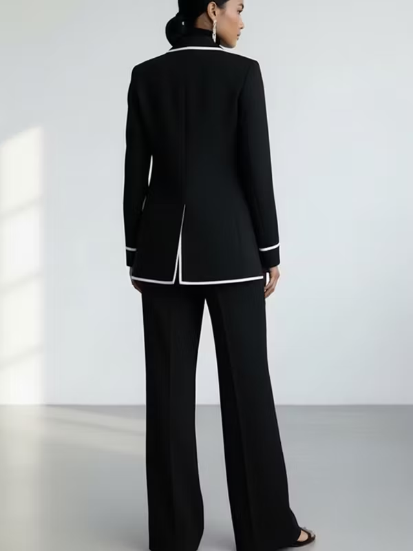 Zwarte Blazer met Contrasterende Piping & Brede Pijpen Broek Twee‑delige Pak Set