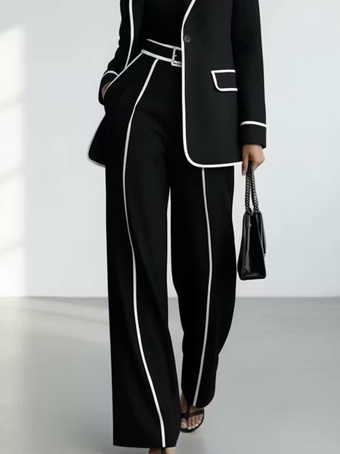 Zwarte Blazer met Contrasterende Piping & Brede Pijpen Broek Twee‑delige Pak Set