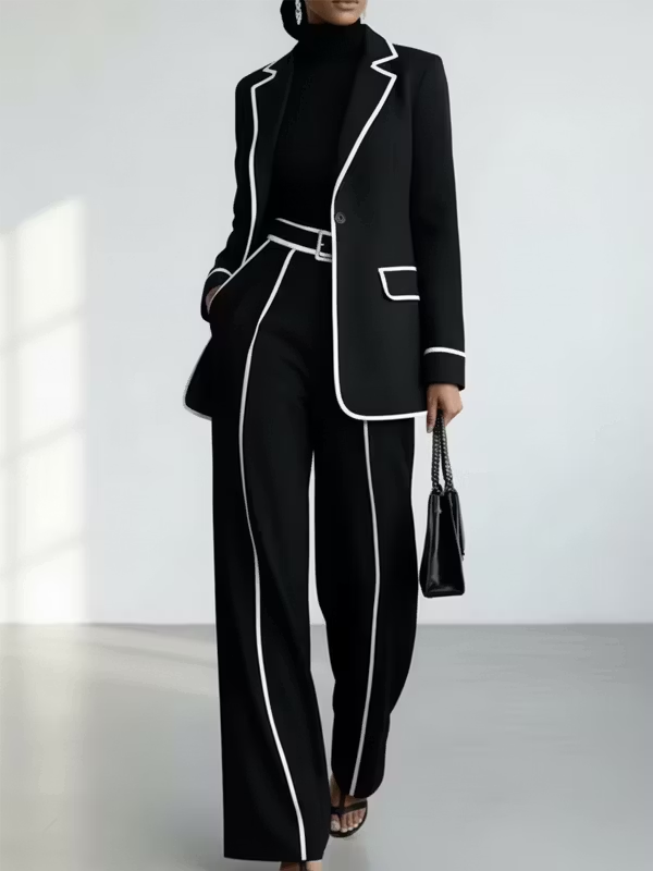 Zwarte Blazer met Contrasterende Piping & Brede Pijpen Broek Twee‑delige Pak Set