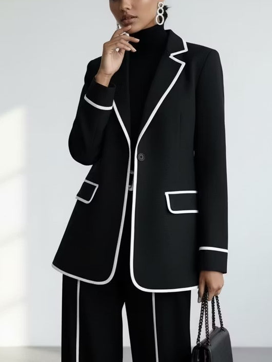 Zwarte Blazer met Contrasterende Piping & Brede Pijpen Broek Twee‑delige Pak Set