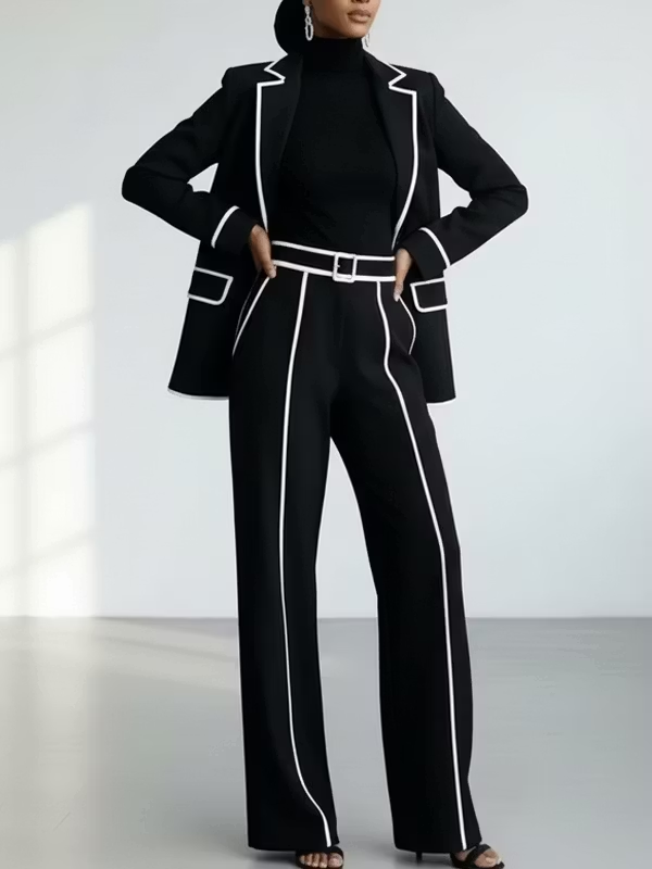 Zwarte Blazer met Contrasterende Piping & Brede Pijpen Broek Twee‑delige Pak Set