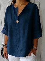 Zamma | Big Button V-Neck Linen Top