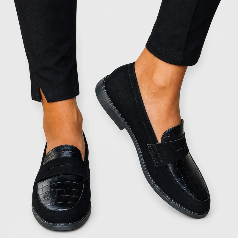 ELSKE | ZWARTE PENNY MOCASSINS MET KROKODILLENDETAIL