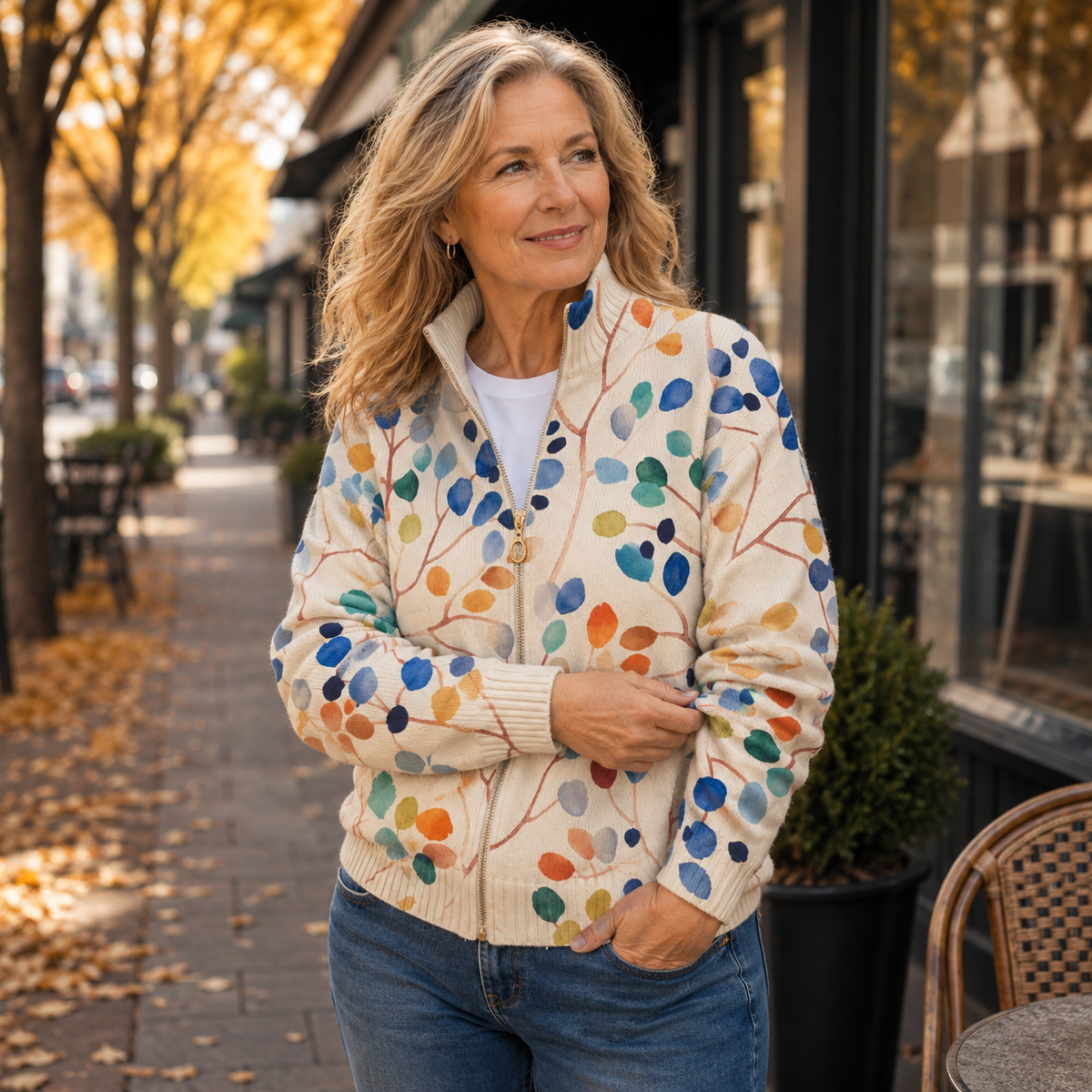 Imogene™ | Botanische Bladeren Print Zip Cardigan