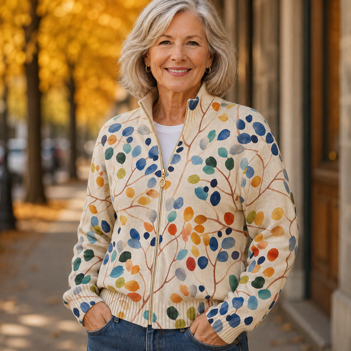 Imogene™ | Botanische Bladeren Print Zip Cardigan
