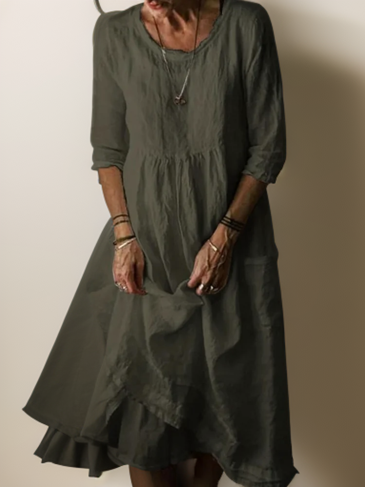 Katie - Summer Pleated Cotton Linen Midi Dress