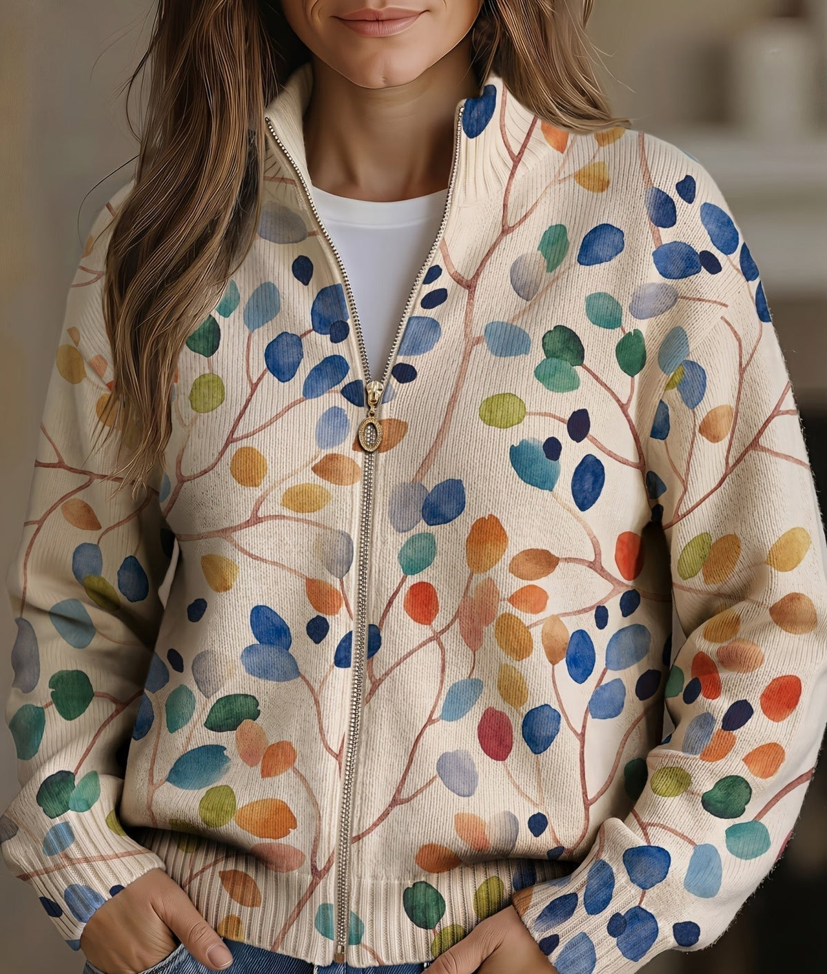 Imogene™ | Botanische Bladeren Print Zip Cardigan