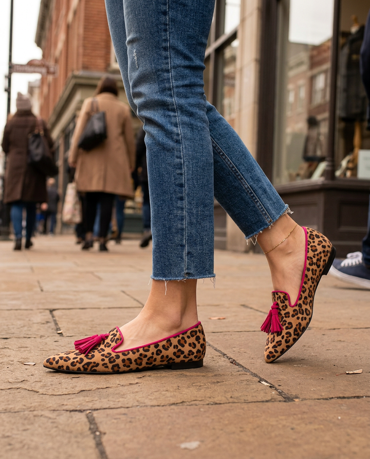 EVELIEN | MOCASSINS MET LUIPAARDPRINT EN FUCHSIA KWASTJES
