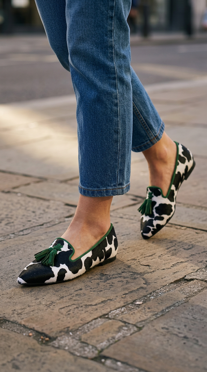 IMKE | MOCASSINS MET KOEIENPRINT EN GROENE KWASTJES