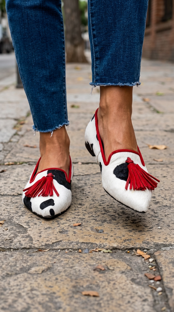 ANNE | MOCASSINS MET KOEIENPRINT EN RODE KWASTJES