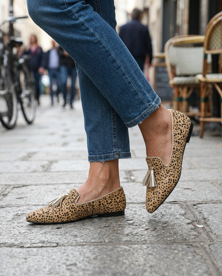 NELE | MOCASSINS MET CHEETAHPRINT EN GOUDEN KWASTJES