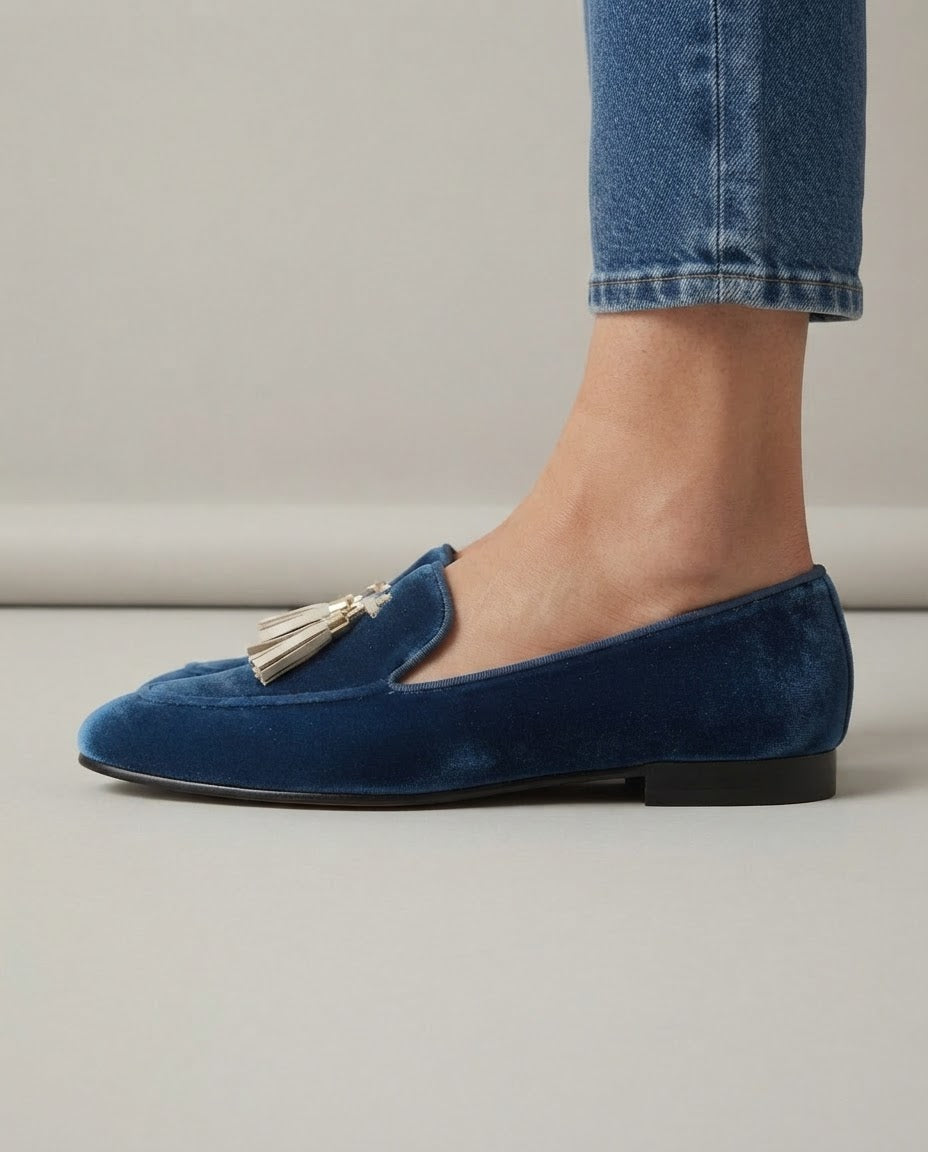 MARLOES | BLAUWE FLUWELEN MOCASSINS