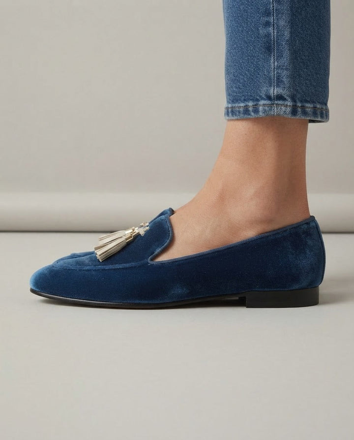 MARLOES | BLAUWE FLUWELEN MOCASSINS
