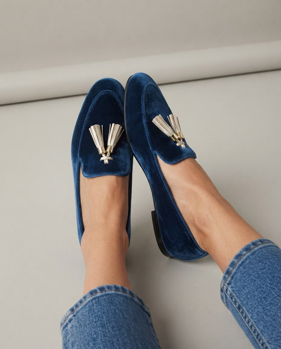 MARLOES | BLAUWE FLUWELEN MOCASSINS