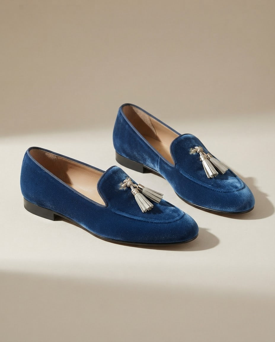 MARLOES | BLAUWE FLUWELEN MOCASSINS