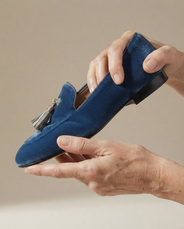 MARLOES | BLAUWE FLUWELEN MOCASSINS