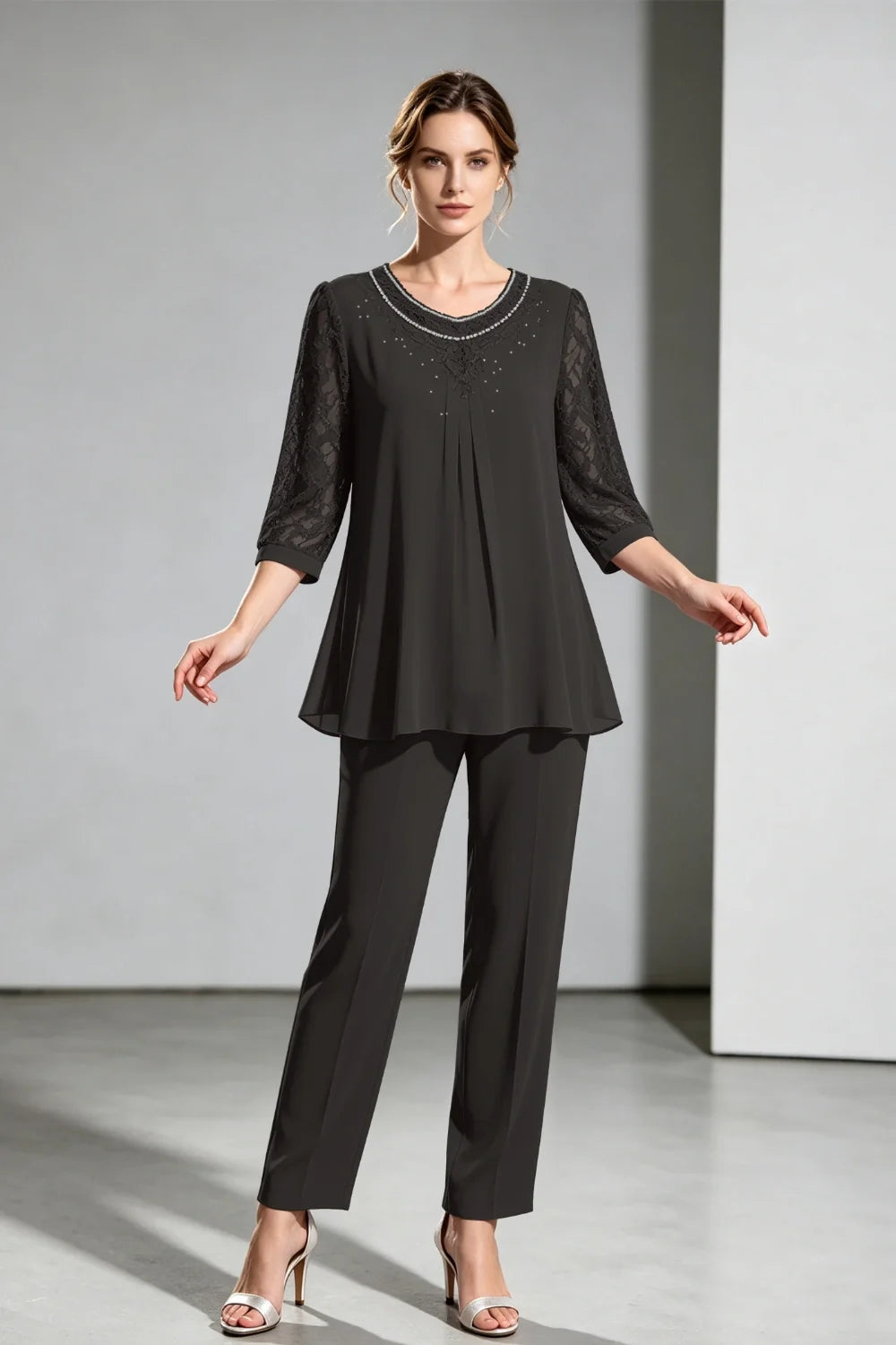 Brigitte | Chiffon Broekpak met Kanten Mouwen