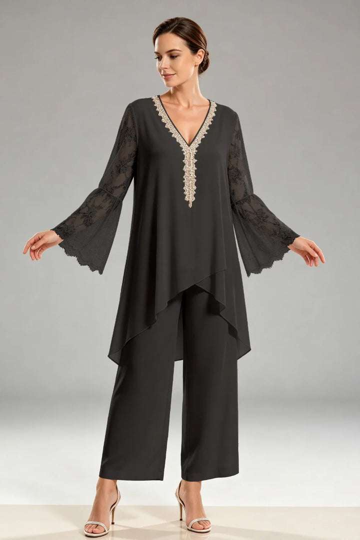 Saskia | Ivoorkleurig Chiffon Broekpak met Kant