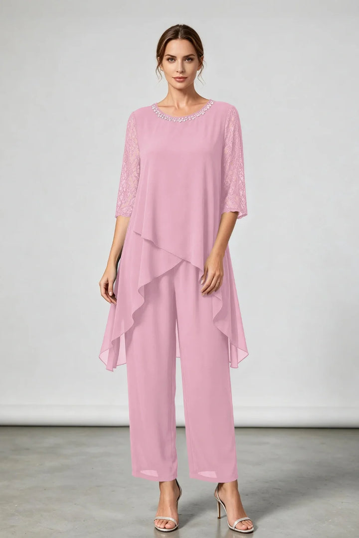 Annemarie | Gelaagd Chiffon Broekpak met Sierhals
