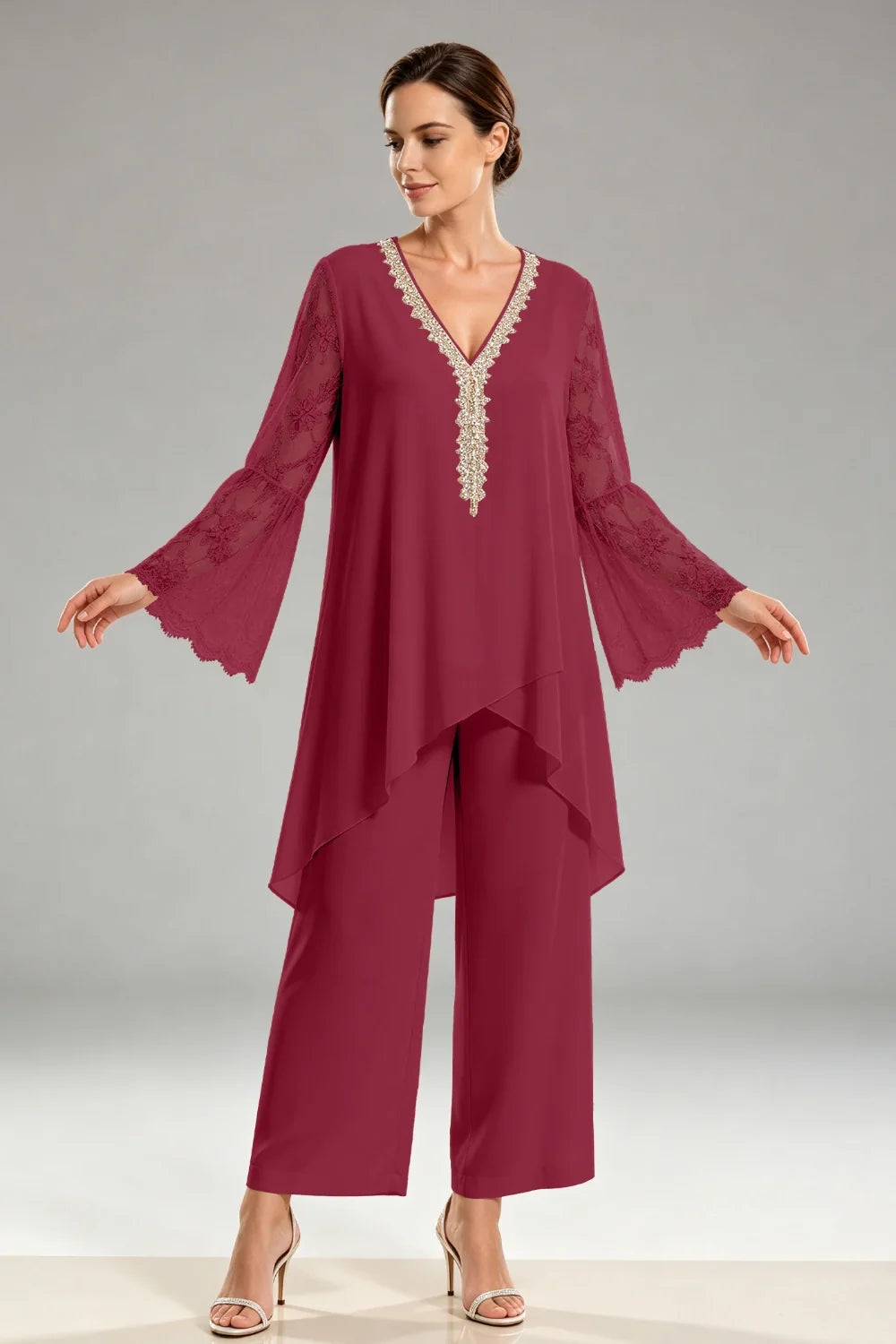 Saskia | Ivoorkleurig Chiffon Broekpak met Kant