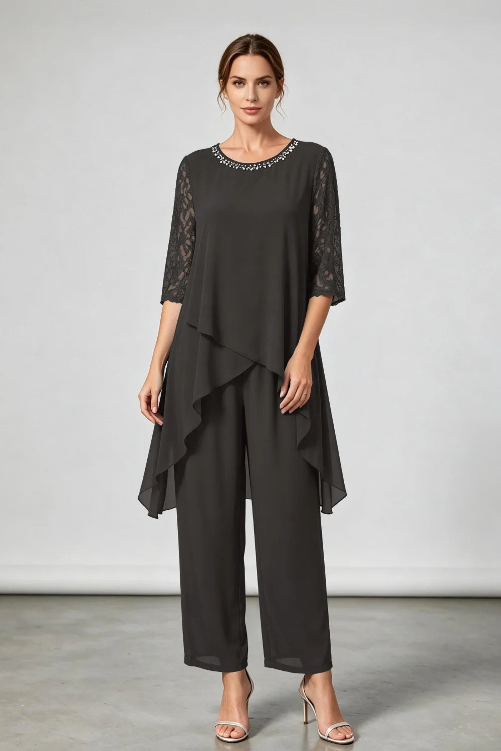 Annemarie | Gelaagd Chiffon Broekpak met Sierhals