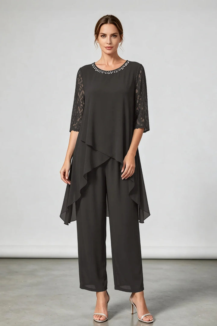 Annemarie | Gelaagd Chiffon Broekpak met Sierhals