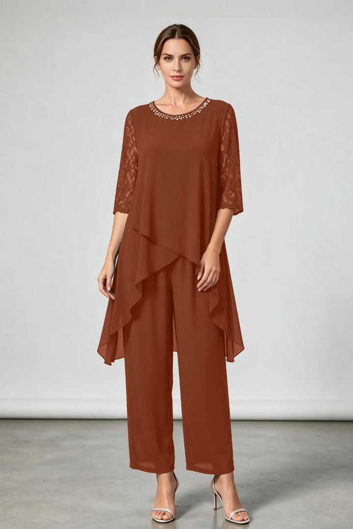 Annemarie | Gelaagd Chiffon Broekpak met Sierhals