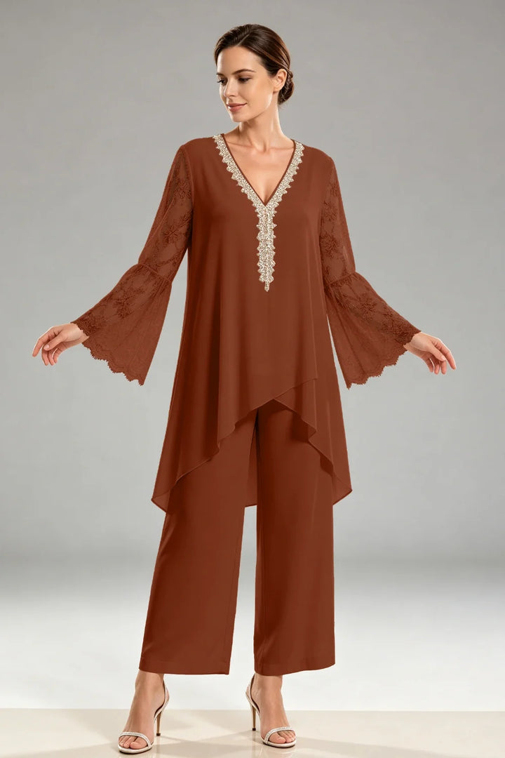 Saskia | Ivoorkleurig Chiffon Broekpak met Kant