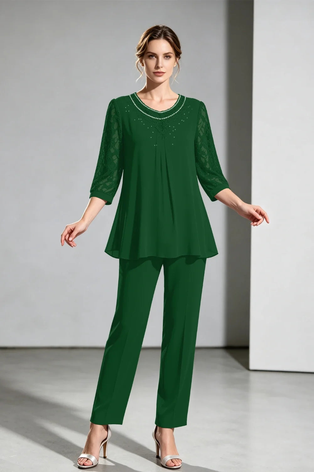 Brigitte | Chiffon Broekpak met Kanten Mouwen
