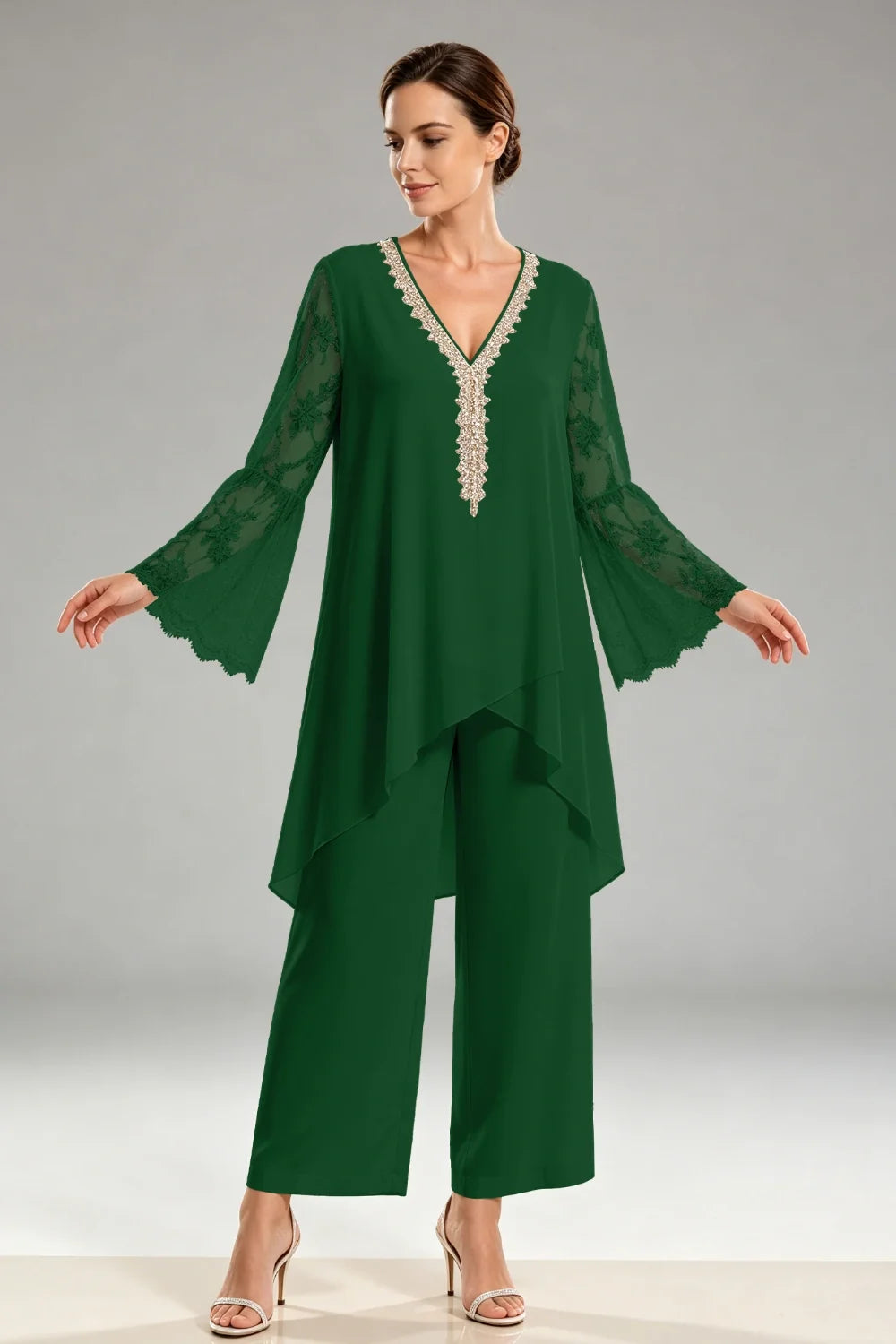 Saskia | Ivoorkleurig Chiffon Broekpak met Kant