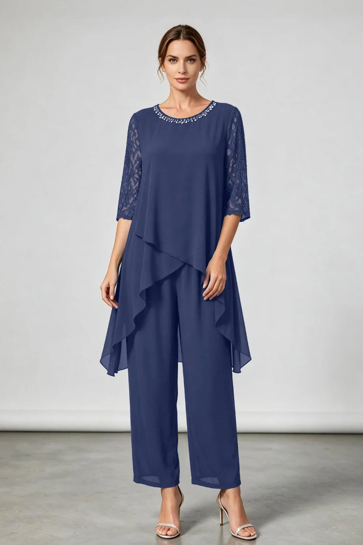 Annemarie | Gelaagd Chiffon Broekpak met Sierhals