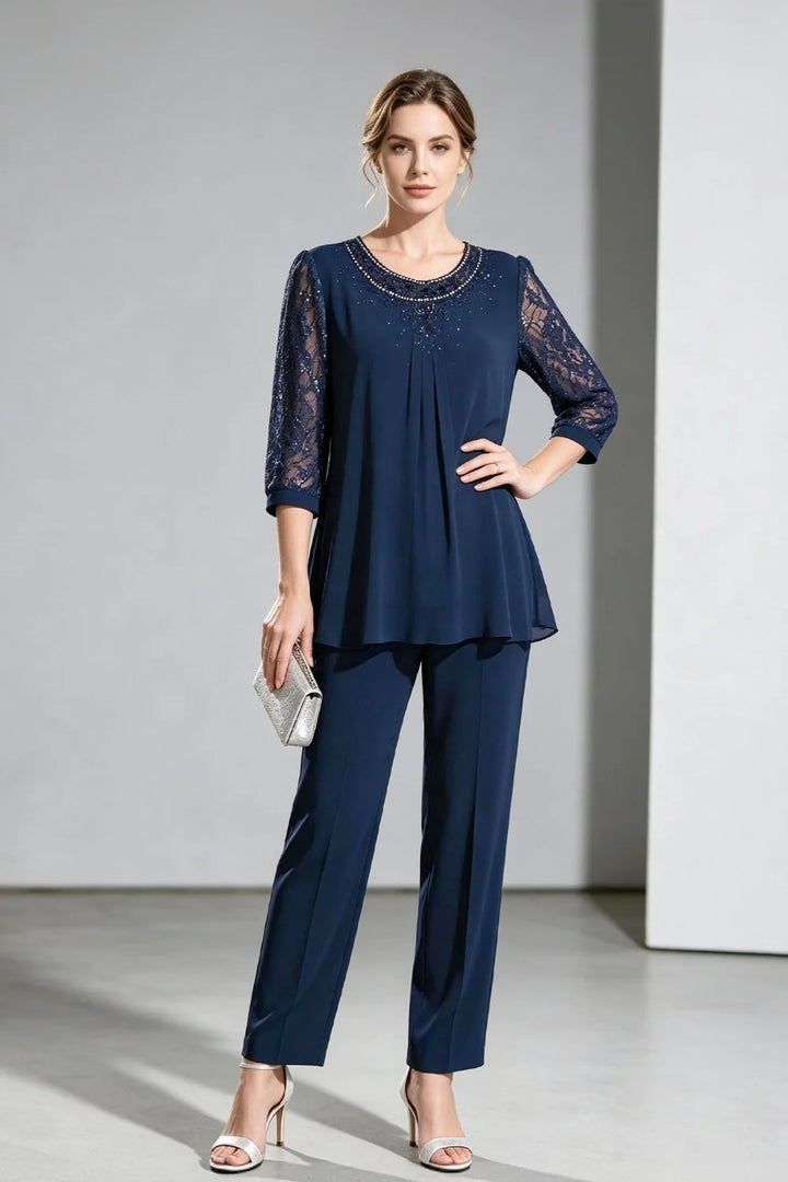 Brigitte | Chiffon Broekpak met Kanten Mouwen